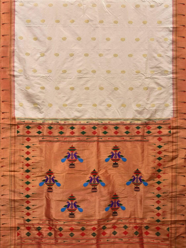 White Paithani Silk Handloom Saree with Muniya Border Design p0379