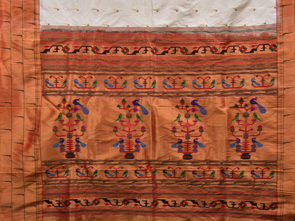 White Paithani Silk Handloom Saree with Triple Muniya Border Saree p0369