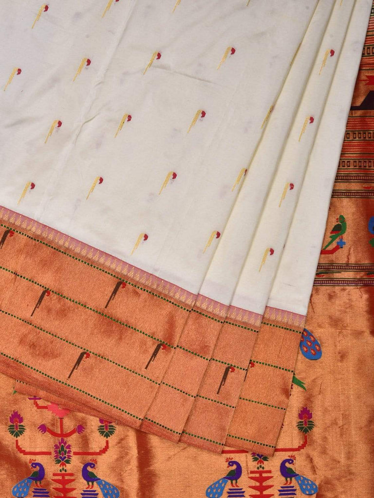 White Paithani Silk Handloom Saree with Triple Muniya Border Saree p0369