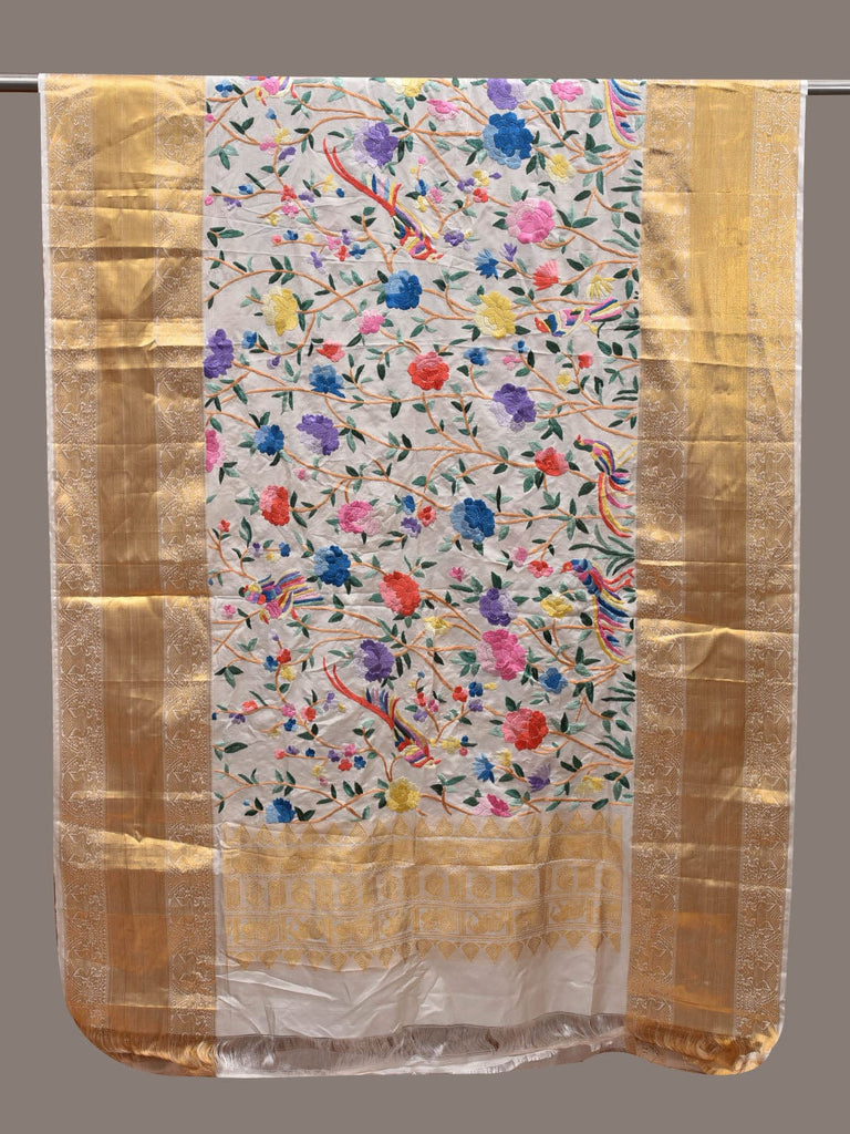 White Parsi Gara Kanchipuram Silk Handloom Dupatta Birds and Floral Design ds2800