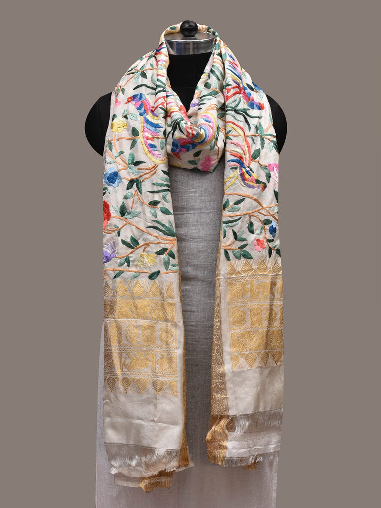 White Parsi Gara Kanchipuram Silk Handloom Dupatta Birds and Floral Design ds2800