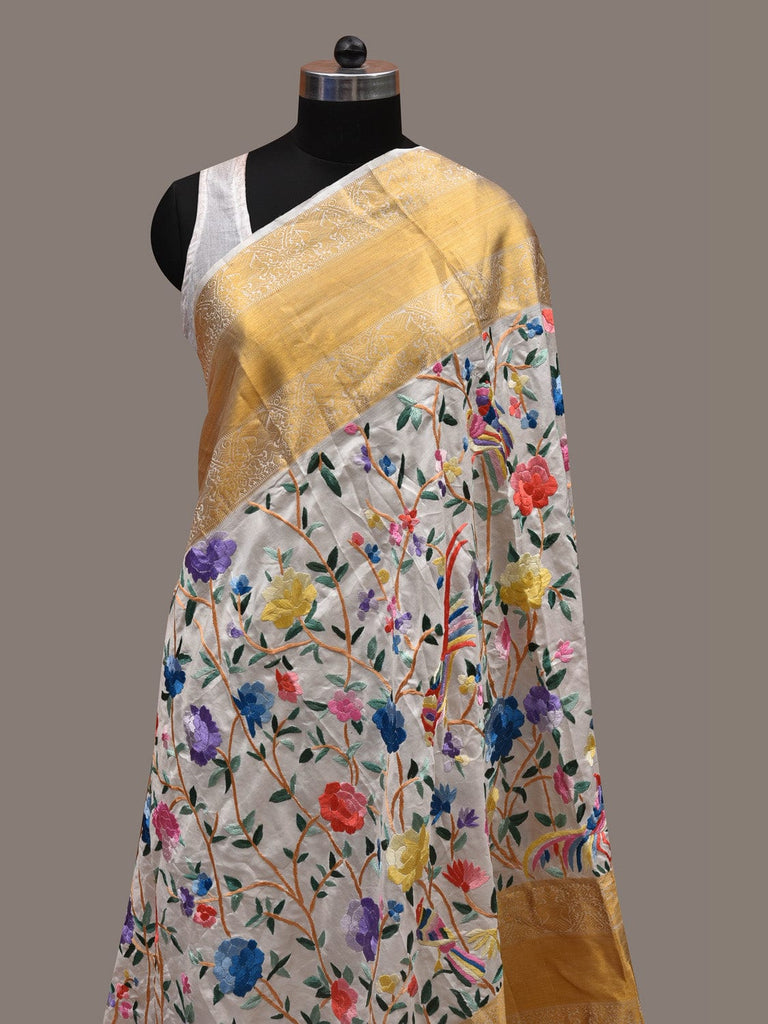 White Parsi Gara Kanchipuram Silk Handloom Dupatta Birds and Floral Design ds2800