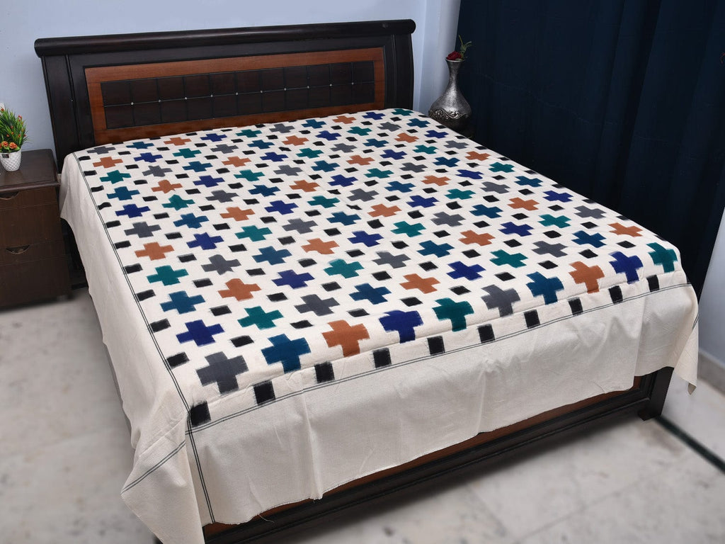 White Pochampally Ikat Cotton Handloom Bedsheet with Plus Buta Design 90 x 108 Inches No Pillow Covers bd0058