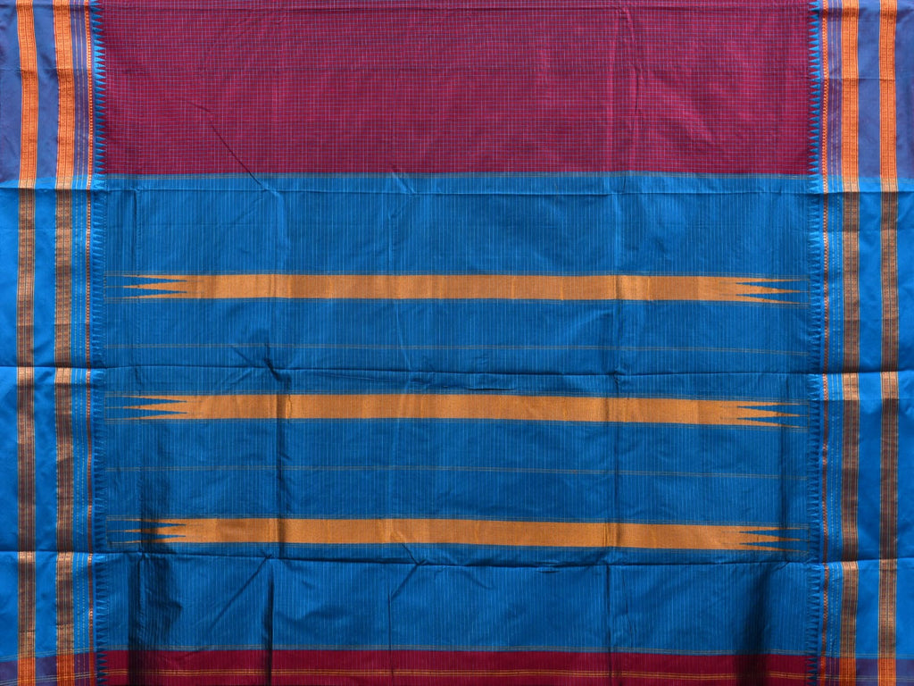 Wine and Blue Narayanpet Cotton Silk Handloom Saree with Checks Design No Blouse np0592
