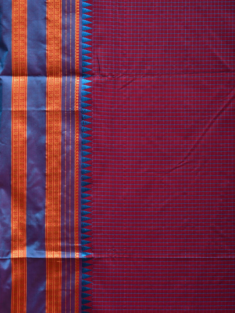 Wine and Blue Narayanpet Cotton Silk Handloom Saree with Checks Design No Blouse np0592