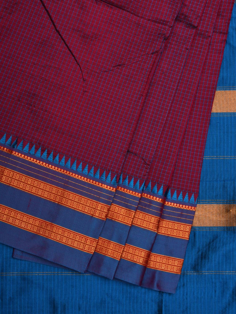 Wine and Blue Narayanpet Cotton Silk Handloom Saree with Checks Design No Blouse np0592