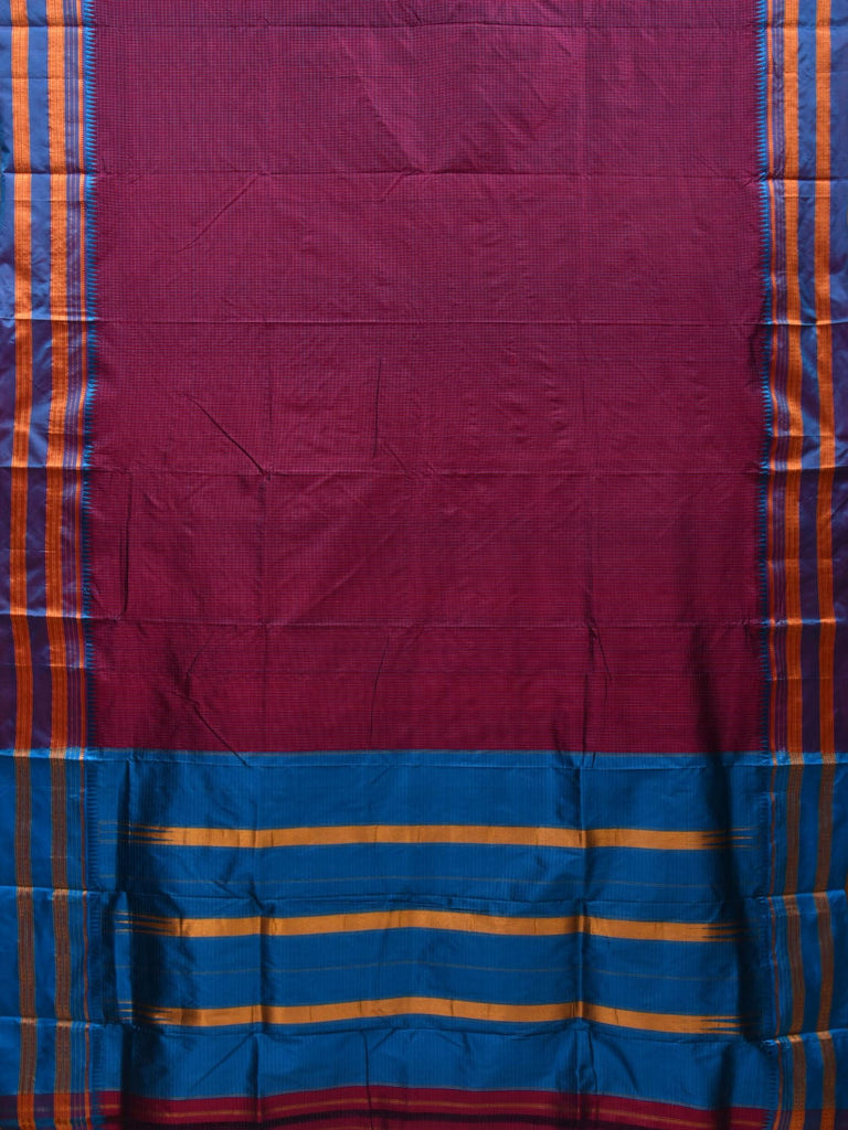 Wine and Blue Narayanpet Cotton Silk Handloom Saree with Checks Design No Blouse np0592