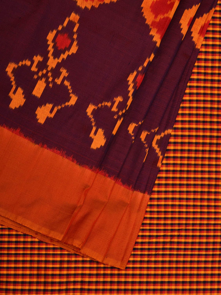 Wine and Orange Pochampally Ikat Silk Handloom Saree with Checks Pallu and Half Design i0699