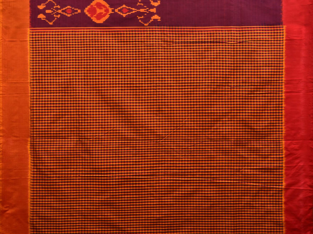 Wine and Orange Pochampally Ikat Silk Handloom Saree with Checks Pallu and Half Design i0699