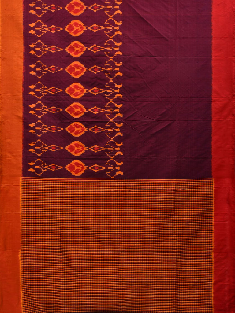 Wine and Orange Pochampally Ikat Silk Handloom Saree with Checks Pallu and Half Design i0699