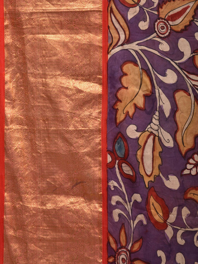 Wine and Red Kalamkari Hand Painted Kanchipuram Silk Handloom Saree with Floral Design KL0625