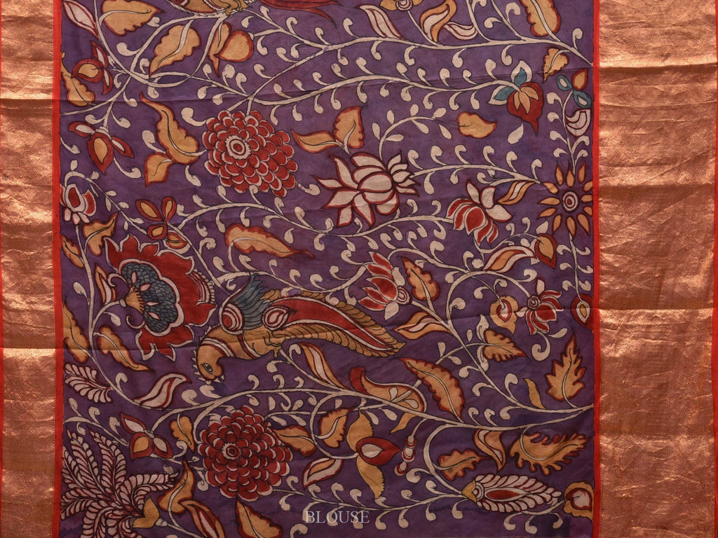 Wine and Red Kalamkari Hand Painted Kanchipuram Silk Handloom Saree with Floral Design KL0625
