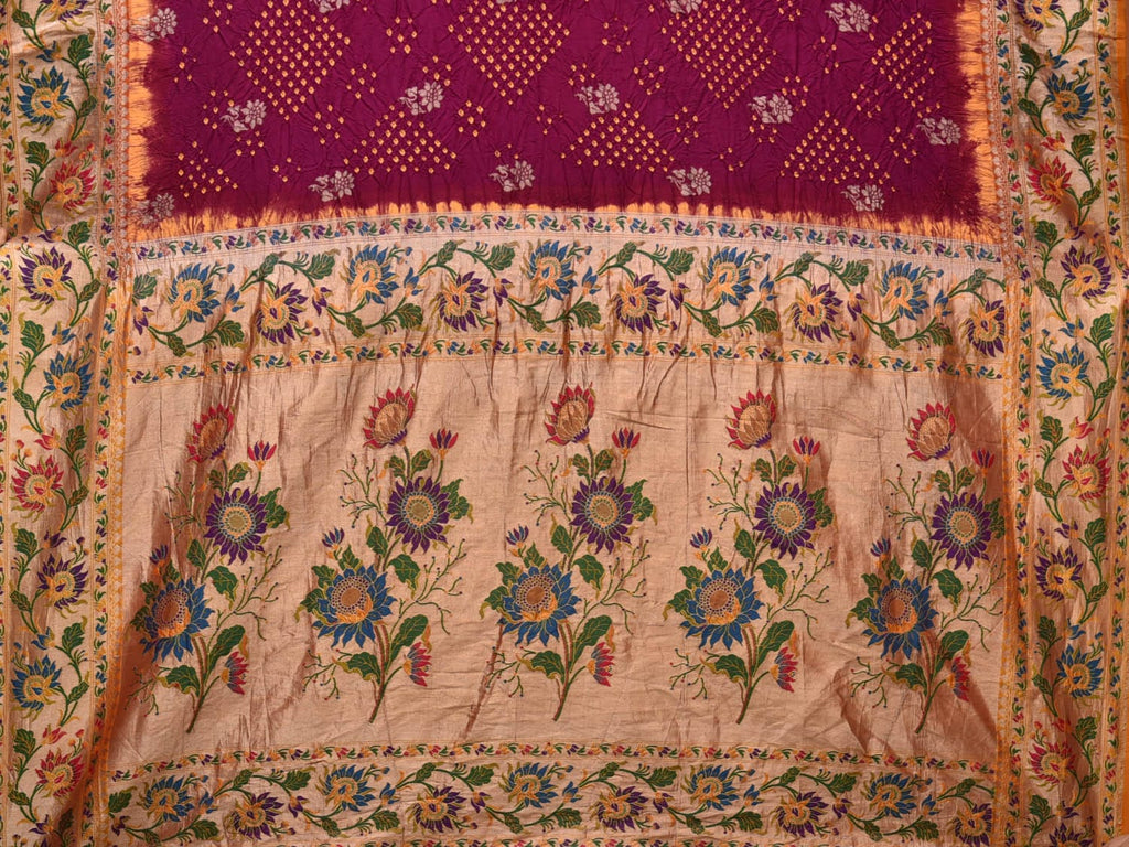 Wine Bandhani Paithani Silk Handloom Saree with Lotus Border and Pallu Design bn0472