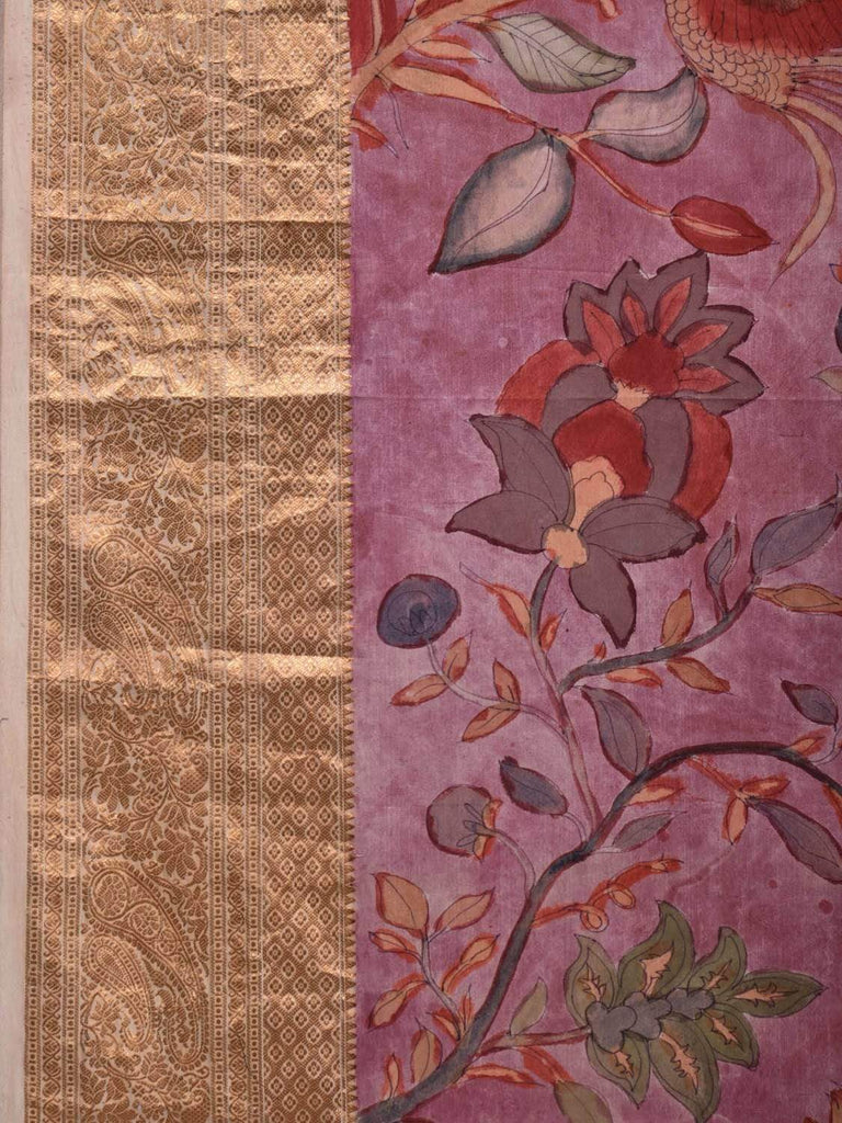 Wine Kalamkari Hand Painted Kanchipuram Silk Handloom Saree with Floral Design KL0563