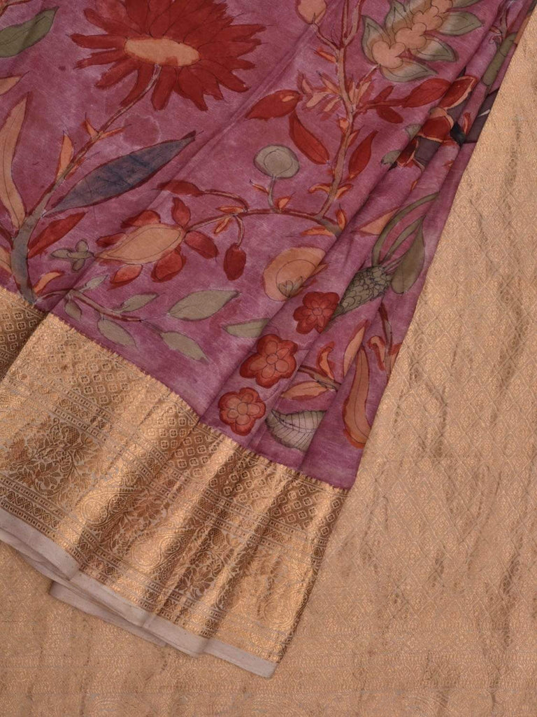 Wine Kalamkari Hand Painted Kanchipuram Silk Handloom Saree with Floral Design KL0563