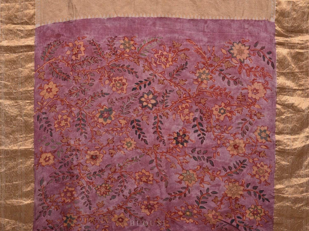 Wine Kalamkari Hand Painted Kanchipuram Silk Handloom Saree with Floral Design KL0563