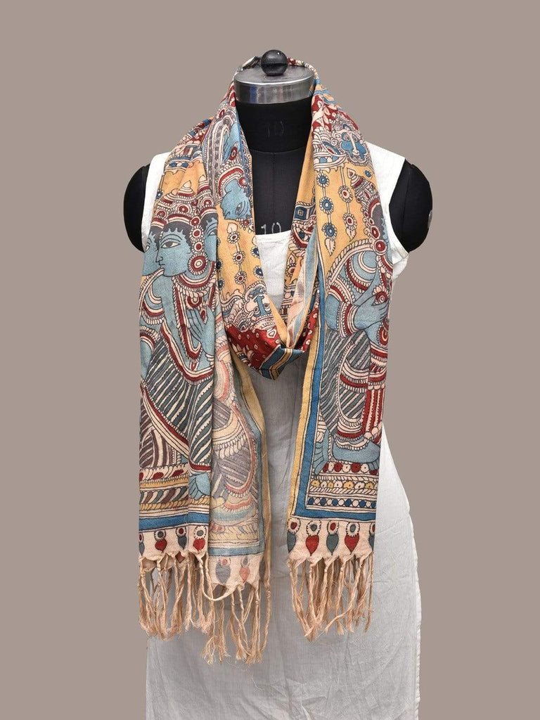 Yellow and Blue Kalamkari Hand Painted Cotton Handloom Dupatta with Mythology Design ds2227