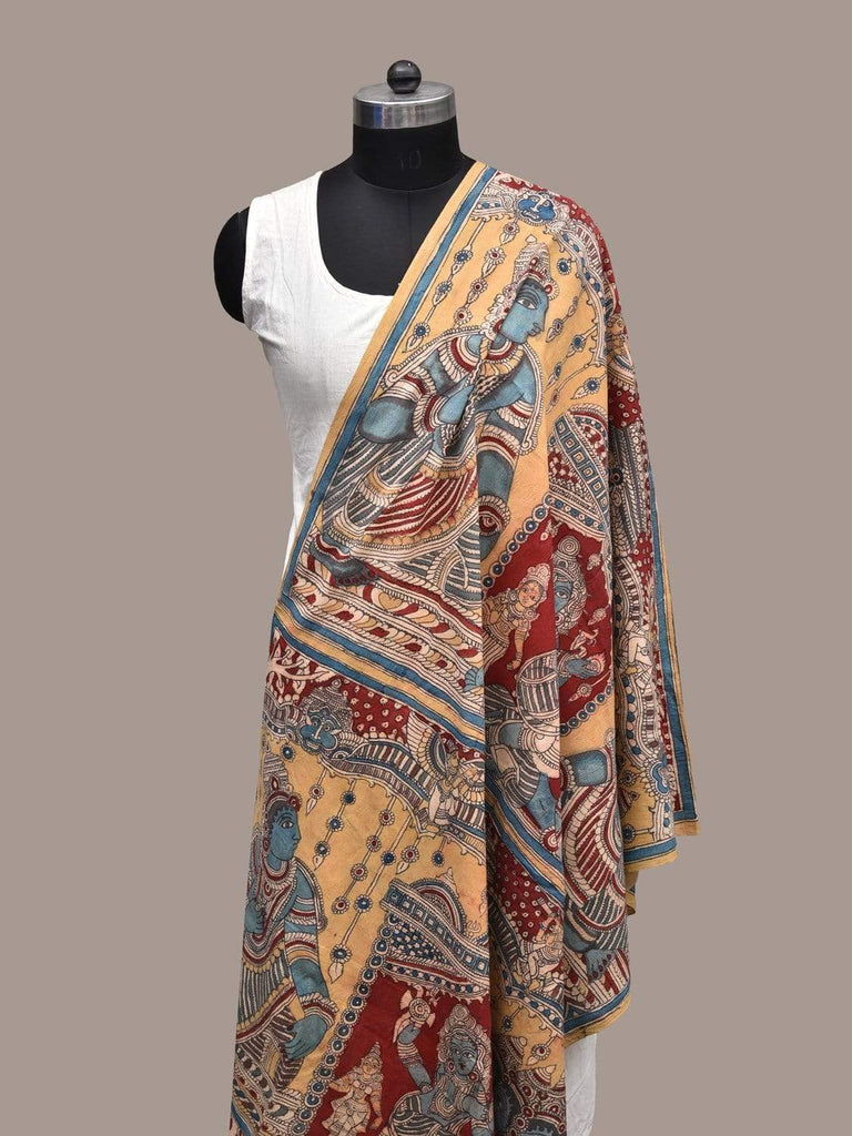 Yellow and Blue Kalamkari Hand Painted Cotton Handloom Dupatta with Mythology Design ds2227