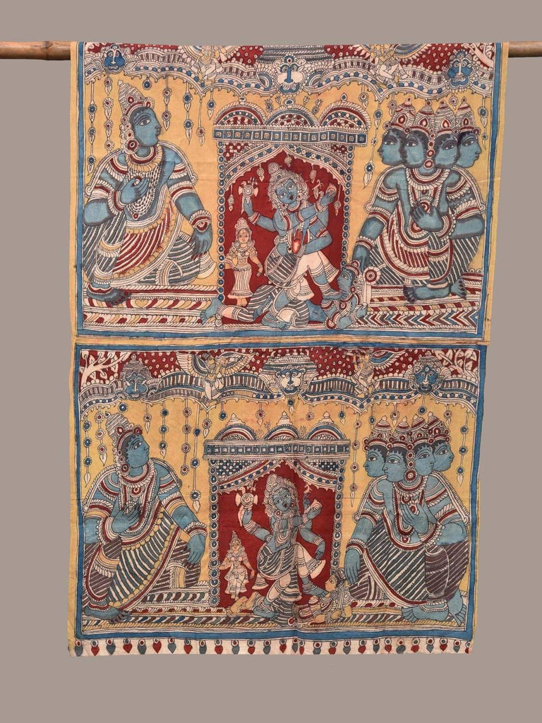 Yellow and Blue Kalamkari Hand Painted Cotton Handloom Dupatta with Mythology Design ds2227