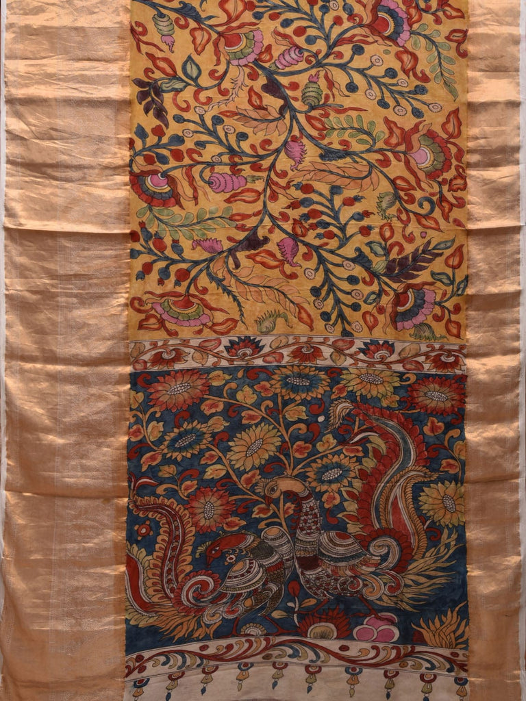 Yellow and Blue Kalamkari Hand Painted Kanchipuram Silk Handloom Saree with Floral and Peacocks Pallu Design KL0639