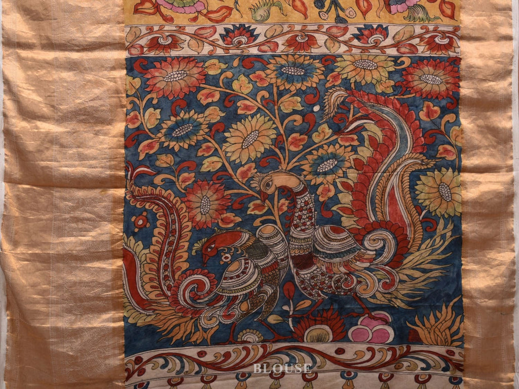 Yellow and Blue Kalamkari Hand Painted Kanchipuram Silk Handloom Saree with Floral and Peacocks Pallu Design KL0639