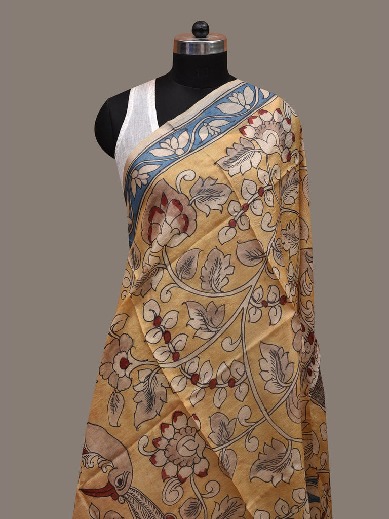 Yellow and Blue Kalamkari Hand Painted Tussar Handloom Dupatta with Floral and Peacock Design ds2770