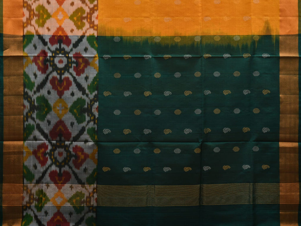 Yellow and Dark Green Uppada Silk Handloom Saree with Border Ikat and Buta Design u1853