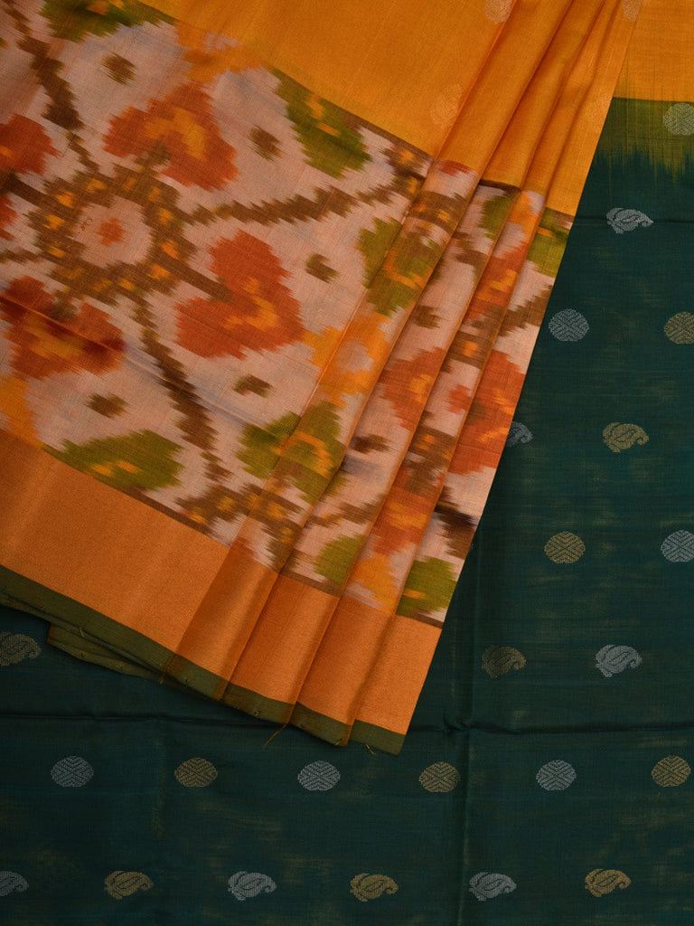 Yellow and Dark Green Uppada Silk Handloom Saree with Border Ikat and Buta Design u1853