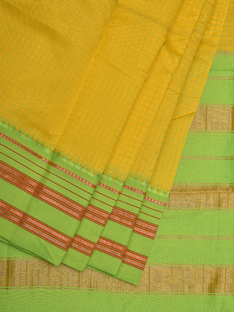 Yellow and Light Green Bamboo Cotton Silk Saree with Checks Design bc0057