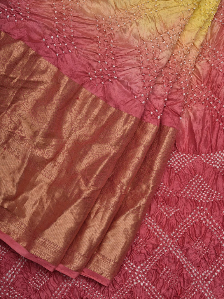 Yellow and Peach Bandhani Kanchipuram Silk Handloom Saree with Border Design No Blouse bn0364