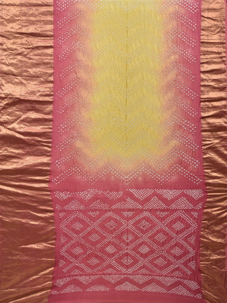 Yellow and Peach Bandhani Kanchipuram Silk Handloom Saree with Border Design No Blouse bn0364