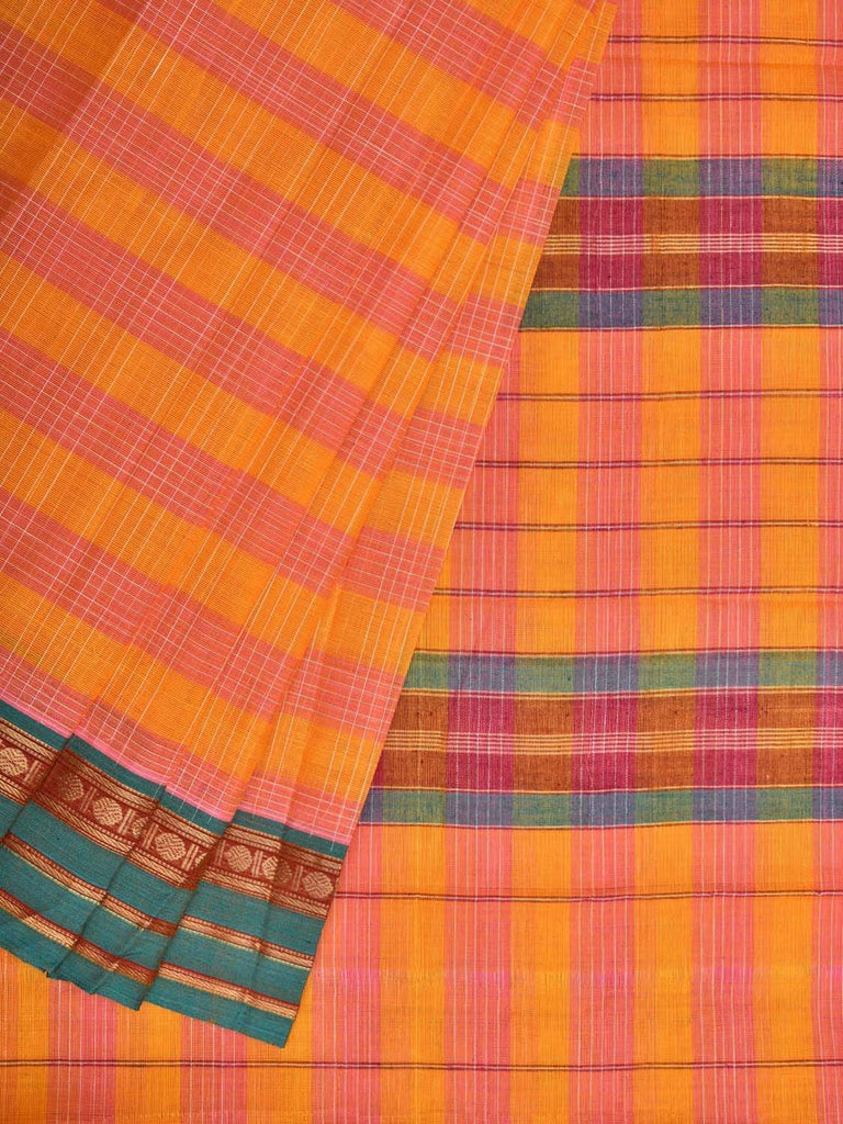Yellow and Pink Narayanpet Cotton Handloom Saree with Strips Design No Blouse np0296