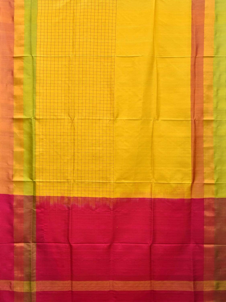 Yellow and Pink Uppada Silk Handloom Saree with Half Checks Body Design u1751