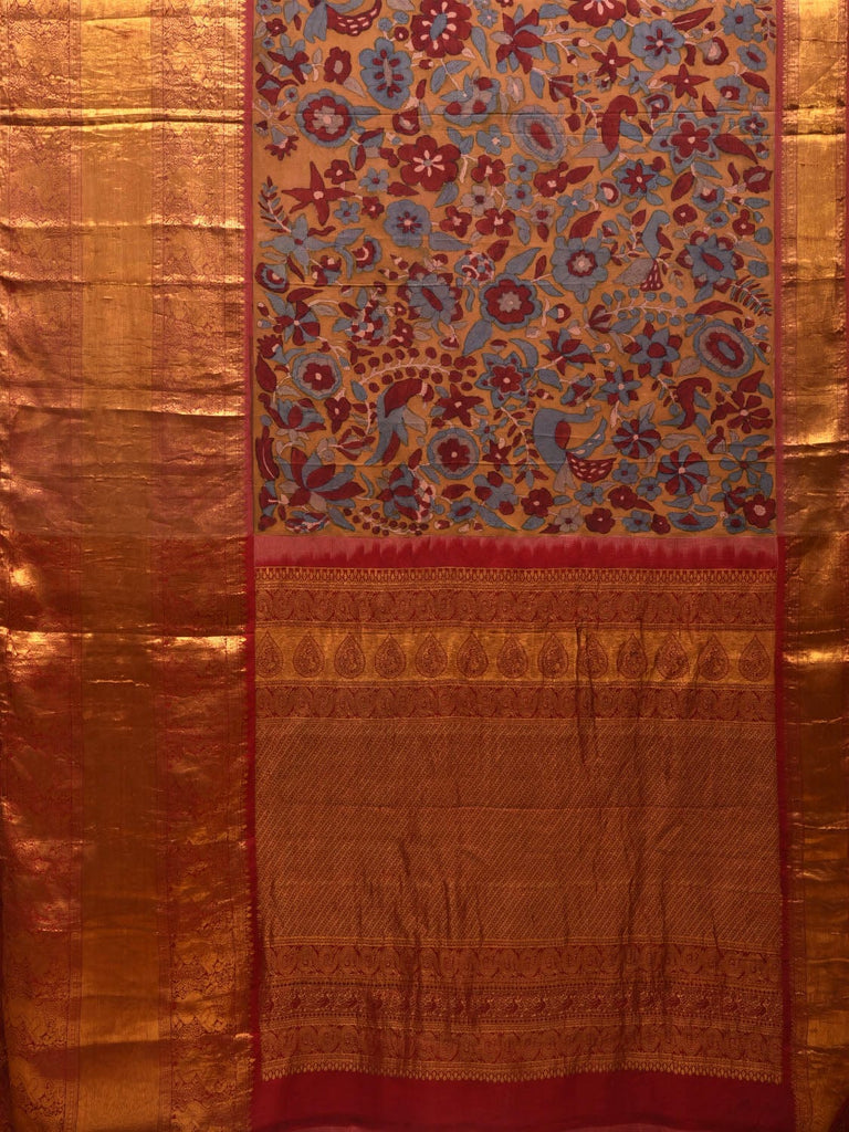 Yellow and Red Kalamkari Hand Painted Kanchipuram Silk Handloom Saree with Floral Design KL0623