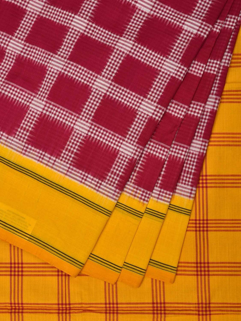 Yellow and Red Pochampally Ikat Cotton Handloom Saree with Checks Design i0597