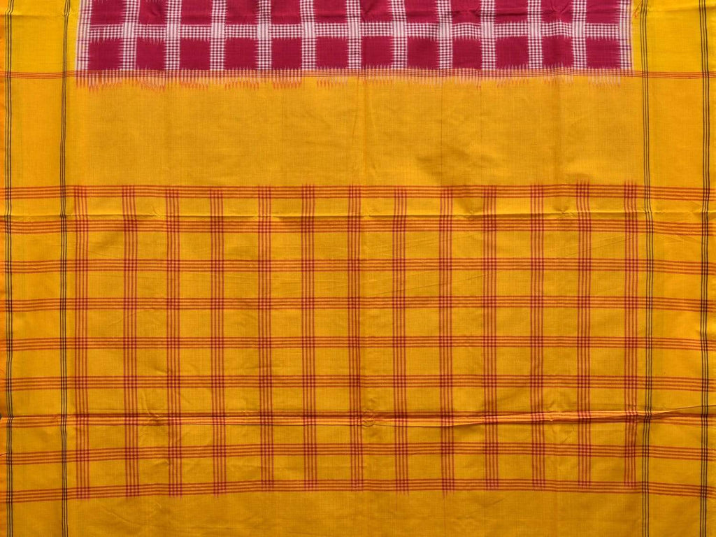 Yellow and Red Pochampally Ikat Cotton Handloom Saree with Checks Design i0597
