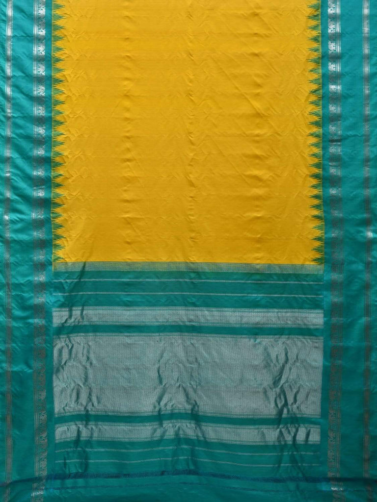 Yellow and Turquoise Gadwal Silk Handloom Saree with Temple Border Design g0275