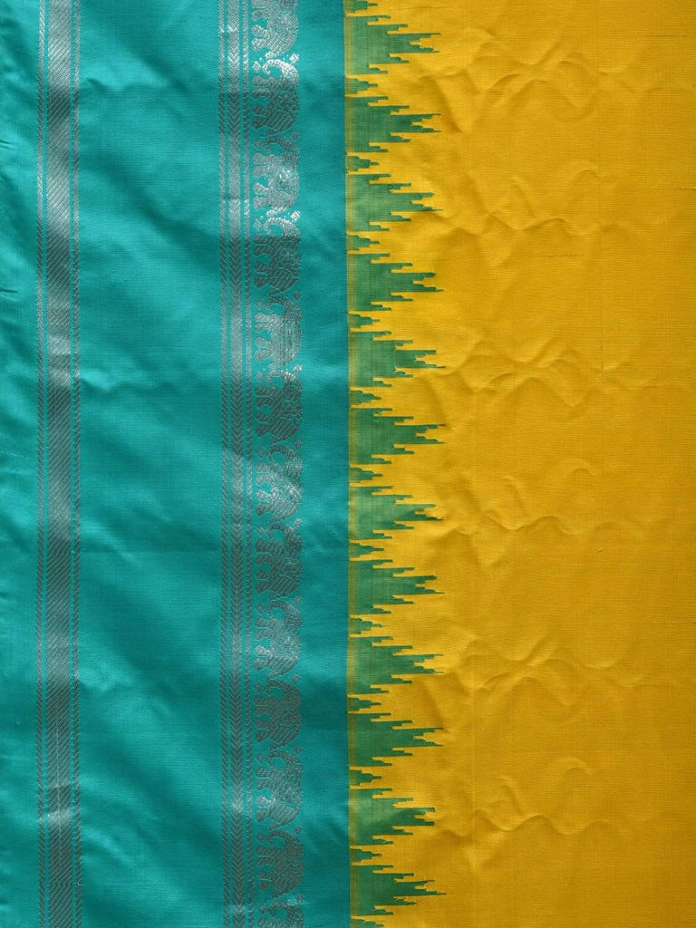 Yellow and Turquoise Gadwal Silk Handloom Saree with Temple Border Design g0275