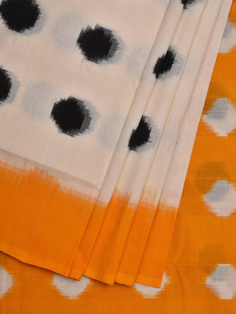 Yellow and White Pochampally Ikat Cotton Handloom Saree with Polka Dots Buta Design i0660
