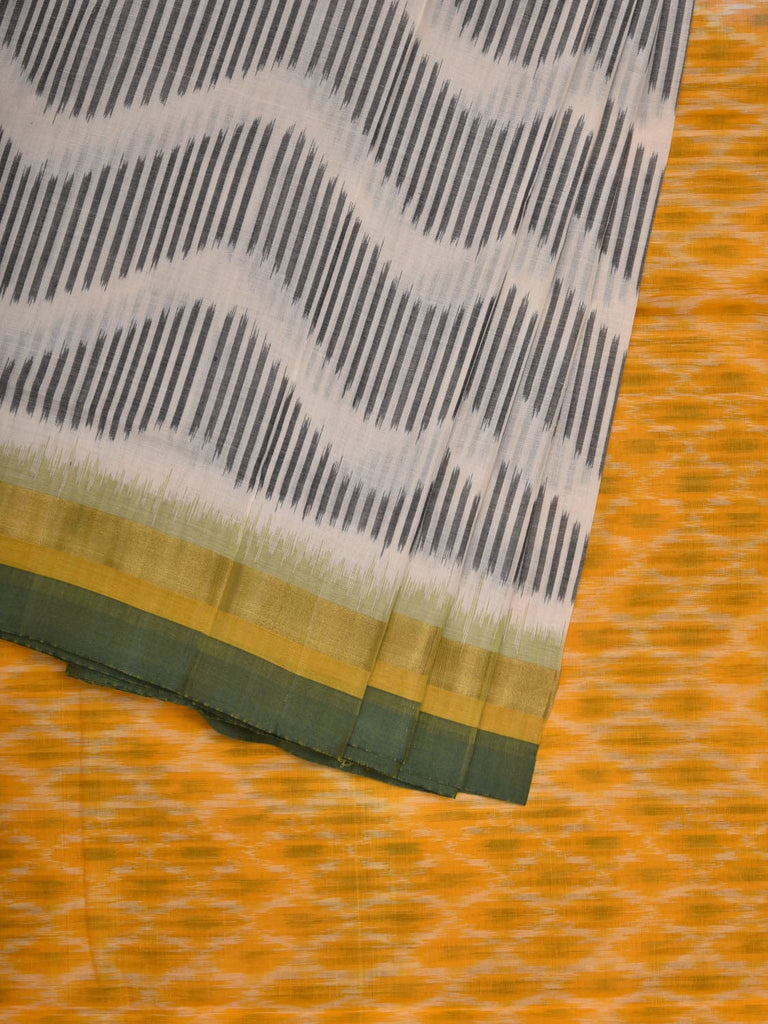 Yellow and White Pochampally Ikat Cotton Handloom Saree with Waves and Zari Border Design i0673