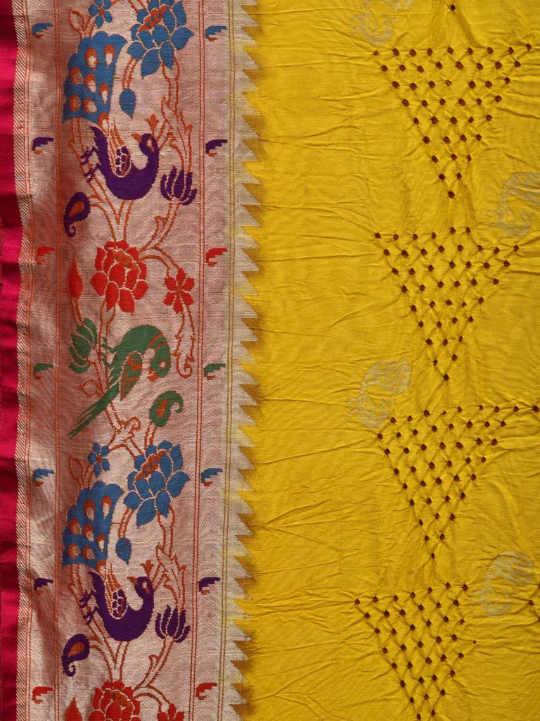 Yellow Bandhani Paithani Silk Handloom Saree with Peacock and Parrot Border Design bn0346