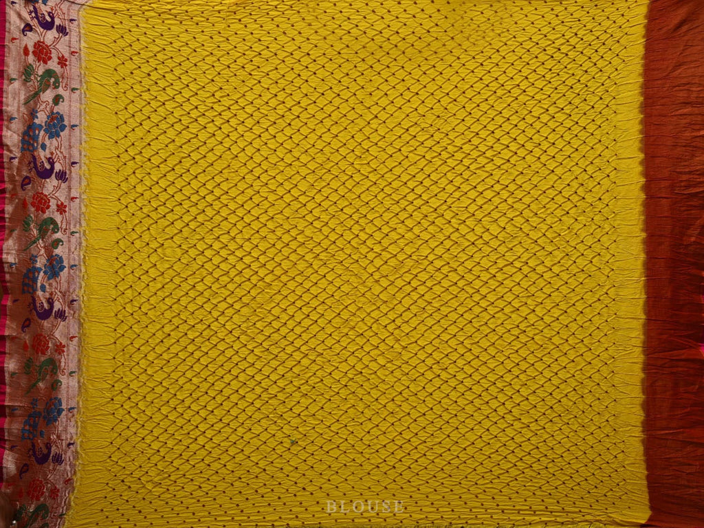 Yellow Bandhani Paithani Silk Handloom Saree with Peacock and Parrot Border Design bn0346