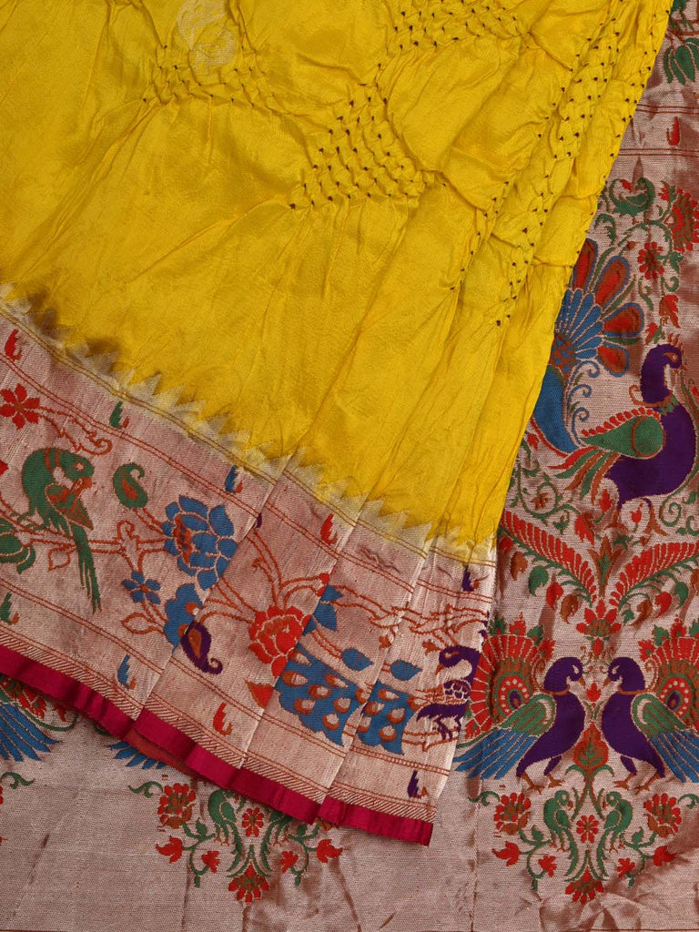 Yellow Bandhani Paithani Silk Handloom Saree with Peacock and Parrot Border Design bn0346