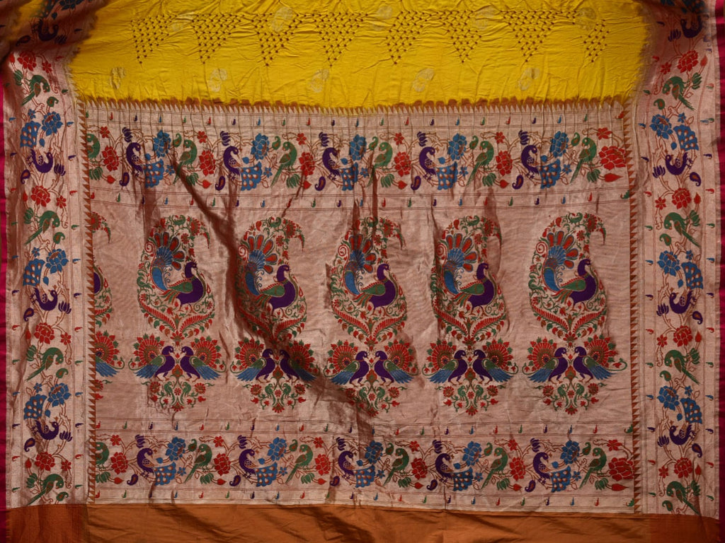 Yellow Bandhani Paithani Silk Handloom Saree with Peacock and Parrot Border Design bn0346