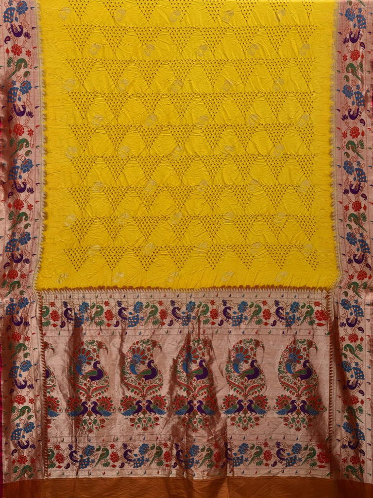 Yellow Bandhani Paithani Silk Handloom Saree with Peacock and Parrot Border Design bn0346