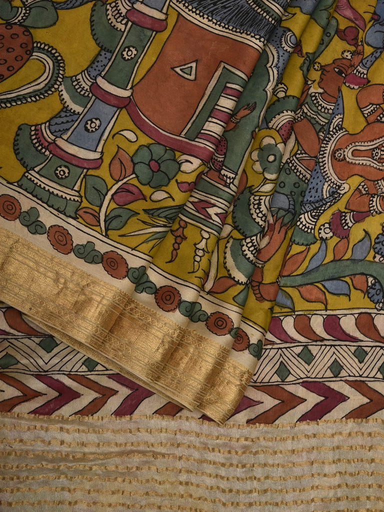 Yellow Kalamkari Hand Painted Banaras Silk Handloom Saree with Dashavatar Design No Blouse KL0689