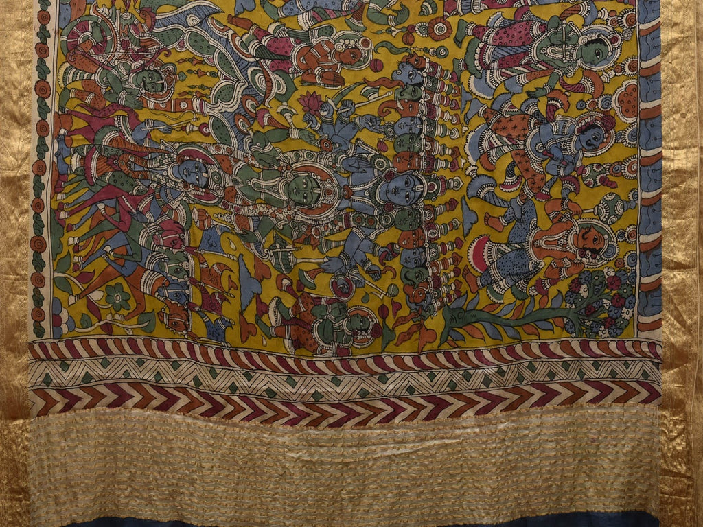 Yellow Kalamkari Hand Painted Banaras Silk Handloom Saree with Dashavatar Design No Blouse KL0689
