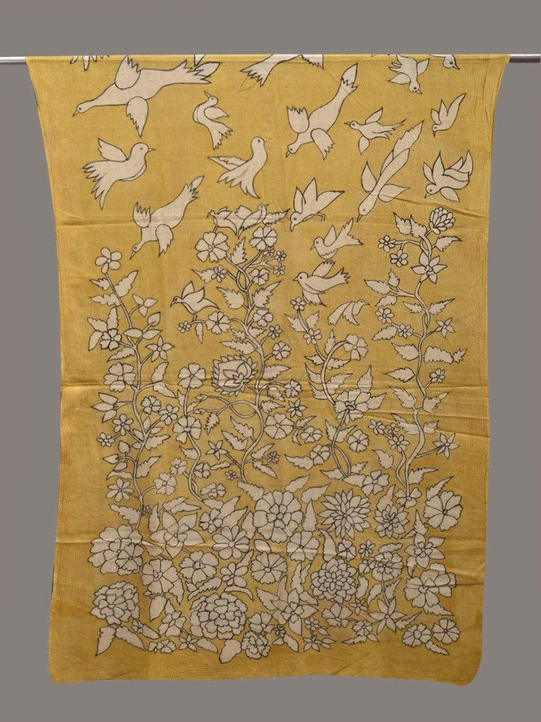 Yellow Kalamkari Hand Painted Cotton Handloom Dupatta with Floral and Birds Design ds2571