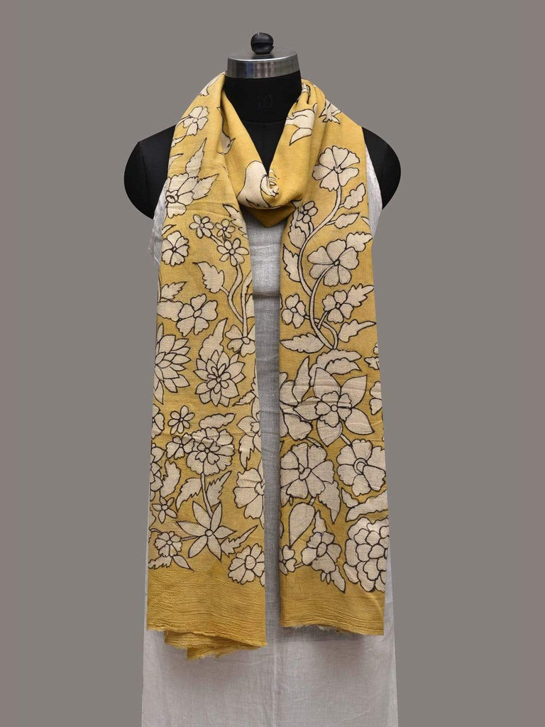 Yellow Kalamkari Hand Painted Cotton Handloom Dupatta with Floral and Birds Design ds2571
