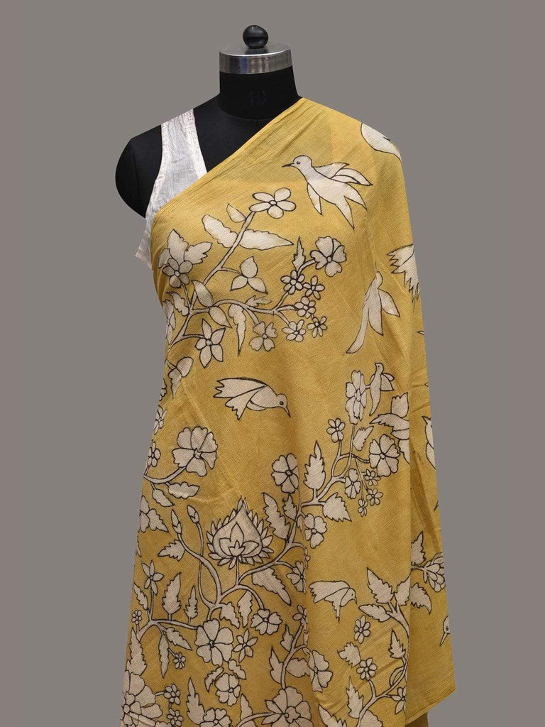 Yellow Kalamkari Hand Painted Cotton Handloom Dupatta with Floral and Birds Design ds2571